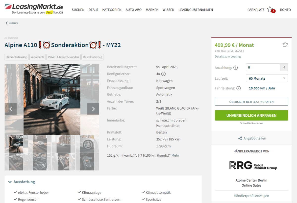 Alpine A110 im Leasing für 400€ im Monat brutto ntv Autoleasing