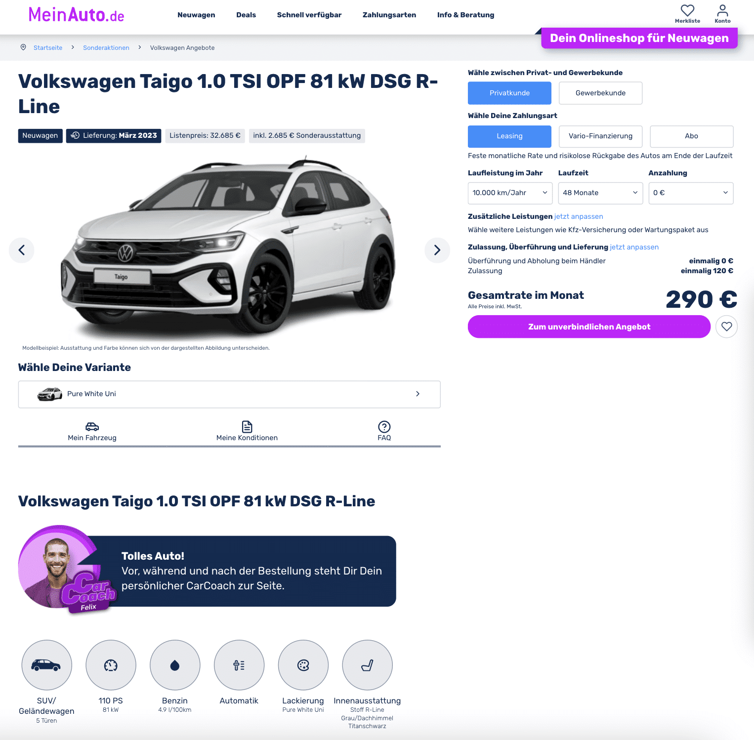 VW Taigo im Leasing für 290€ im Monat brutto - ntv Autoleasing