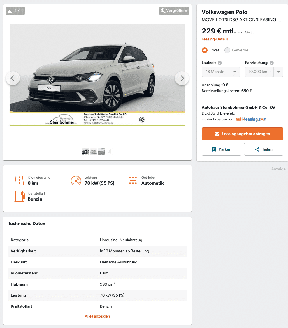 VW Polo im Leasing für 229 Euro im Monat brutto - ntv Autoleasing