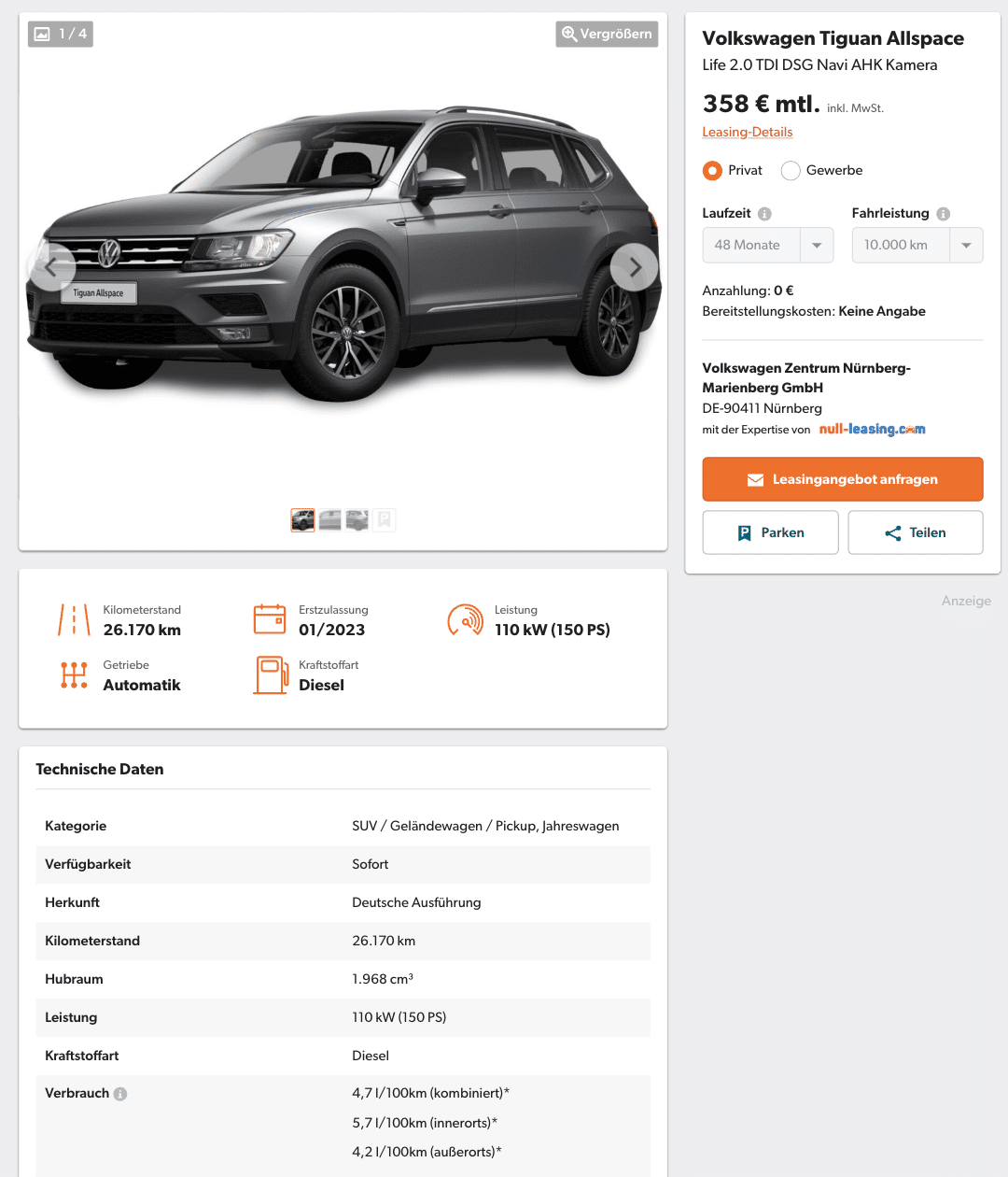 VW Tiguan Allspace im Leasing für 358€ im Monat brutto - ntv