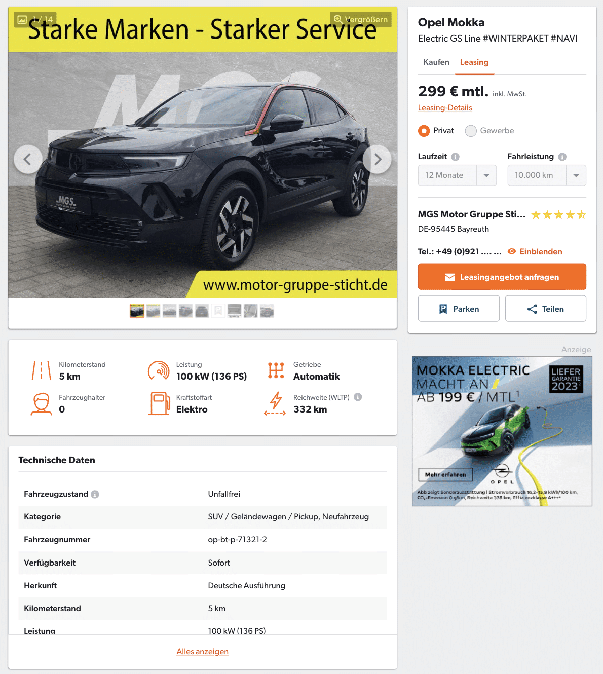 Opel Mokka-e im Leasing für 299€ im Monat brutto - ntv Autoleasing