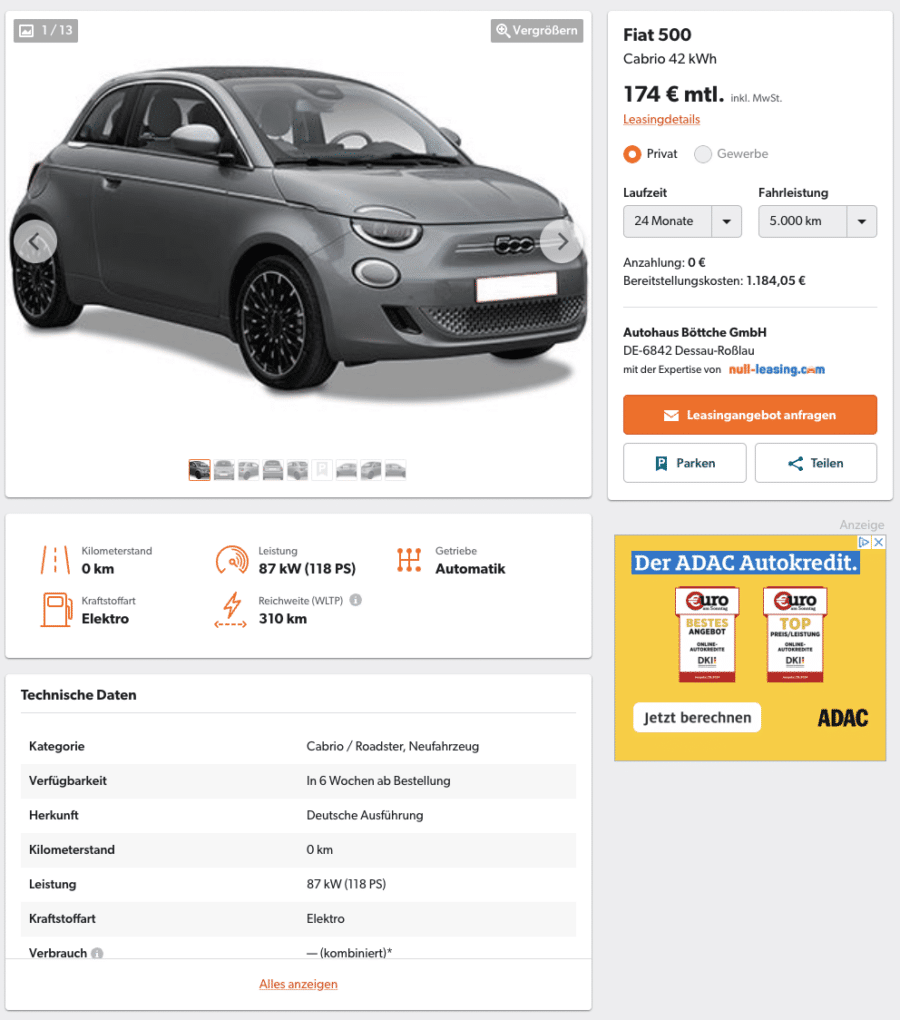 Elegantes Fiat 500 E Leasing Ebenbild