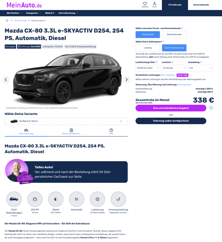 Mazda CX-80 Leasing für 338 Euro im Monat brutt…